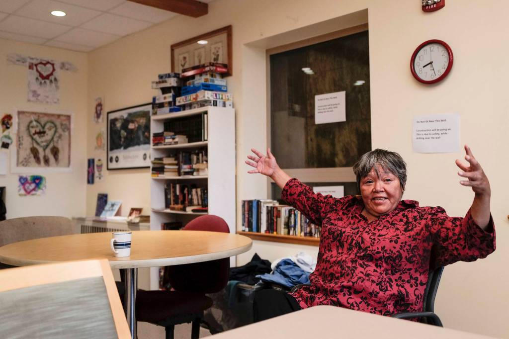 Elizabeth Gray, a resident of Juneau Housing First Collaboratives Forget-Me-Not Manor, speaks about the positive impacts the home had made on her life on Friday, Sept. 13, 2019. It is the two-year anniversary of the project that provides housing and support services to chronically homeless adults who have struggled with alcohol and are high utilizers of emergency services within the City and Borough of Juneau. Phase II to build another 32 apartments is currently underway and will open late next year. (Michael Penn | Juneau Empire)