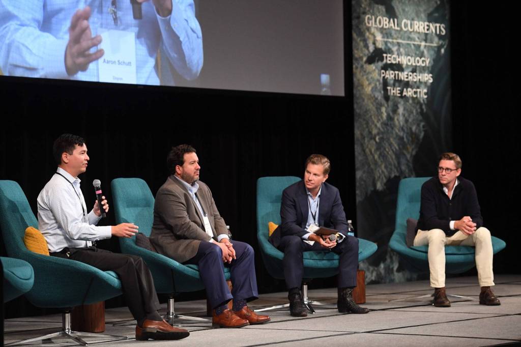 Aaron Schutt, President and CEO of Doyon Limit, left, speaks as Damian Bilbao, Vice President of Commercial Ventures for BP Alaska, center, moderator Erik Bethel, U.S. Director of the World Bank, second from right, and Nils Bolmstrand, CEO of Nordea Asset Management, listen during a panel on the Future of the Arctic at the annual meeting of the International Forum of Sovereign Wealth Funds at Centennial Hall on Thursday, Sept. 12, 2019. (Michael Penn | Juneau Empire)