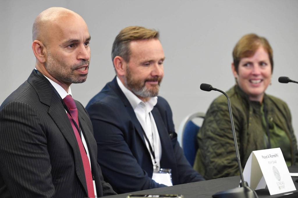 Majed Al Romaithi, Chair of the International Forum of Sovereign Wealth Funds, speaks during a press conference with Duncan Bonfield, Chief Executive of IFSWF, and Angela Rodell, CEO of the Alaska Permanent Fund Corporation, at the annual meeting of the International Forum of Sovereign Wealth Funds at Centennial Hall on Thursday, Sept. 12, 2019. (Michael Penn | Juneau Empire)