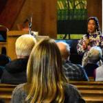 Melanie Brown speaks at Northern Light United Church in Juneau during the Climate Change Through the Eyes of Alaska Natives, forum on Sept. 12, 2019. (Peter Segall | Juneau Empire)