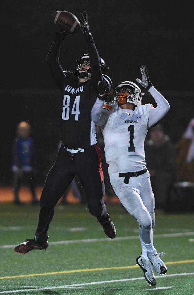 Juneaus Dawson Hickok disrupts a pass to Wests Lucas White in the third quarter at Adair-Kennedy Memorial Field on Friday, Sept. 13, 2019. West won 43-14. (Michael Penn | Juneau Empire)