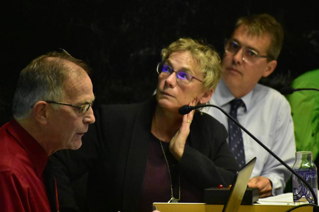 Port Director Bob Uchytil, right, gives testimony on a proposed ordinance to add security stations at the cruise ship terminal. Deputy City Manager Mila Cosgrove, center, and City Manager Rorie Watt, left, look on. Monday, Sept. 16, 2019. (Peter Segall | Juneau Empire)