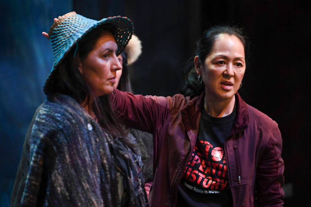 Director Leslie Ishii, right, works with actress Jennifer Bobiwash during Perseverance Theatres production of Devilfish written by Vera Starbard on Tuesday, Sept. 17, 2019. (Michael Penn | Juneau Empire)