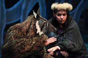 Erin Tripp, right, playing Aanteinatu, rehearses with Rio Alberto, playing a magical wolf, in Perseverance Theatres production of Devilfish written by Vera Starbard on Tuesday, Sept. 17, 2019. (Michael Penn | Juneau Empire)