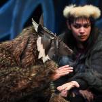 Erin Tripp, right, playing Aanteinatu, rehearses with Rio Alberto, playing a magical wolf, in Perseverance Theatres production of Devilfish written by Vera Starbard on Tuesday, Sept. 17, 2019. (Michael Penn | Juneau Empire)