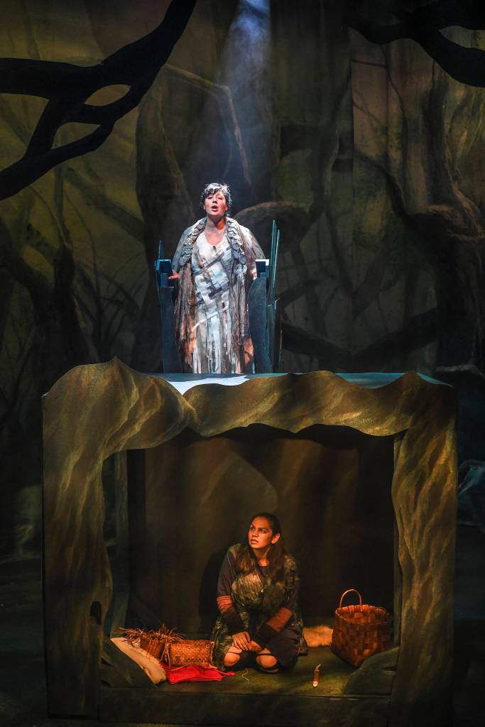 Allison Hicks, top, playing Fog Woman, as Erin Tripp, playing Aanteinatu, rehearse in Perseverance Theatres production of Devilfish written by Vera Starbard on Tuesday, Sept. 17, 2019. (Michael Penn | Juneau Empire)