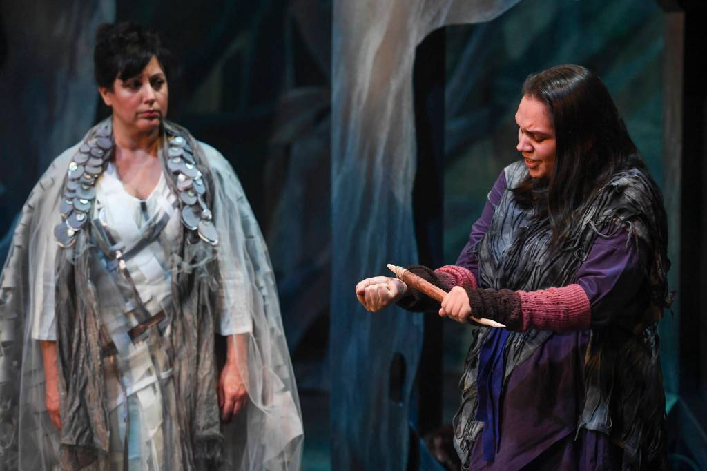 Allison Hicks, left, playing Fog Woman, as Erin Tripp, playing Aanteinatu, rehearse in Perseverance Theatres production of Devilfish written by Vera Starbard on Tuesday, Sept. 17, 2019. (Michael Penn | Juneau Empire)