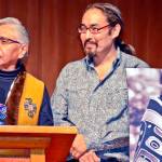 Paul Marks and Ishmael Hope speak during a banquet tribute to the late Nora Marks Dauenhauer, who is seen in the photo to Hopes right. in this 2017 photo. (Courtesy Photo | Peter Metcalfe)