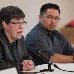 Juneau School Board candidates Deedie Sorensen, left, and Martin Stepetin, Sr. speak to the Juneau Chamber of Commerce during its weekly luncheon at the Moose Lodge on Thursday, Sept. 19, 2019. Candidates Bonnie Jensen and Emil Mackey are not at the forum. (Michael Penn | Juneau Empire)