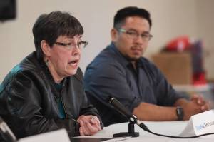 Juneau School Board candidates Deedie Sorensen, left, and Martin Stepetin, Sr. speak to the Juneau Chamber of Commerce during its weekly luncheon at the Moose Lodge on Thursday, Sept. 19, 2019. Candidates Bonnie Jensen and Emil Mackey are not at the forum. (Michael Penn | Juneau Empire)