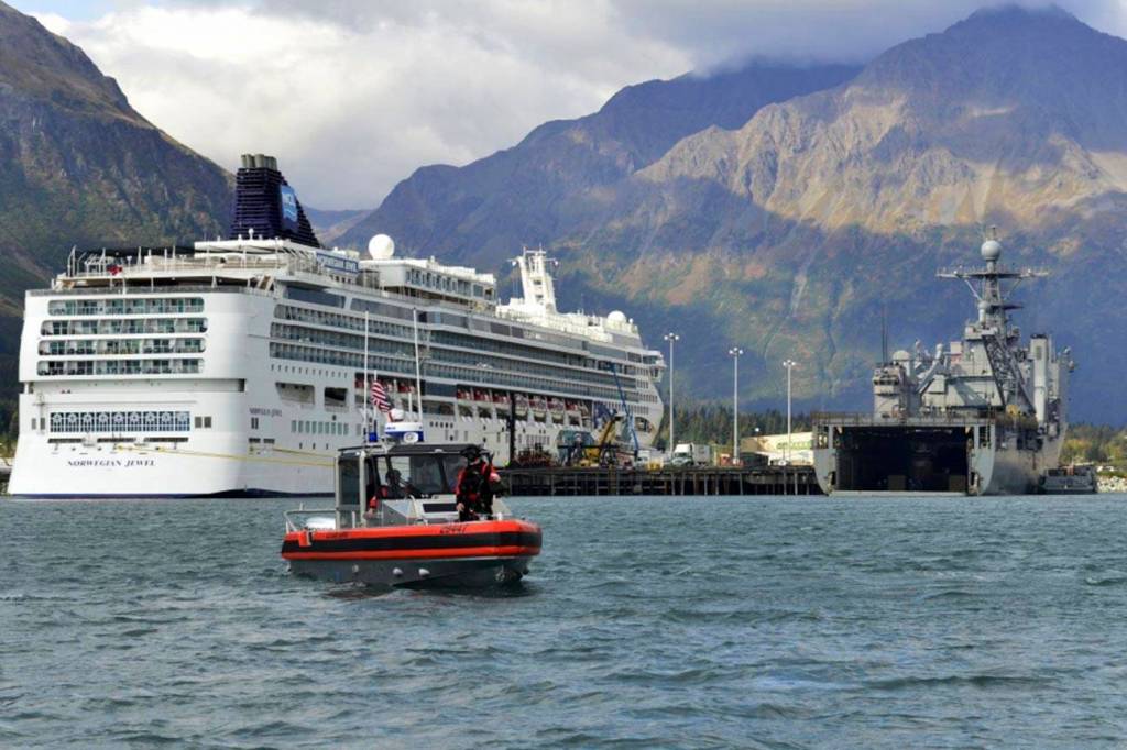 Maritime Safety and Security Team members from Pacific Area units provide security as USS Comstock (LSD 45) moors in Seward, Alaska, during the Arctic Expeditionary Capabilities Exercise (AECE) 2019, Sept. 16, 2019. (U.S. Coast Guard photo by Petty Officer 2nd Class Melissa E. F. McKenzie).