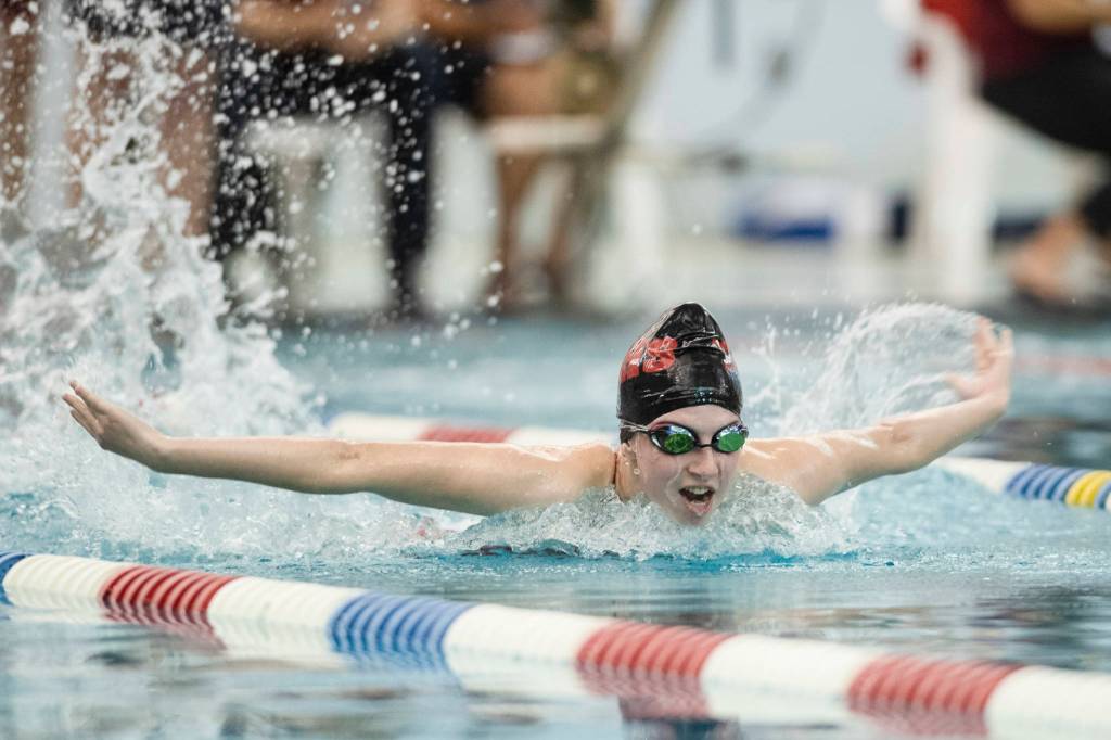 Juneau-Douglas Natalie Zimmerman competes in the 200 Yard IM at the Juneau Invitational Swim Meet at the Dimond Park Aquatic Center on Friday, Sept. 20, 2019. (Michael Penn | Juneau Empire)