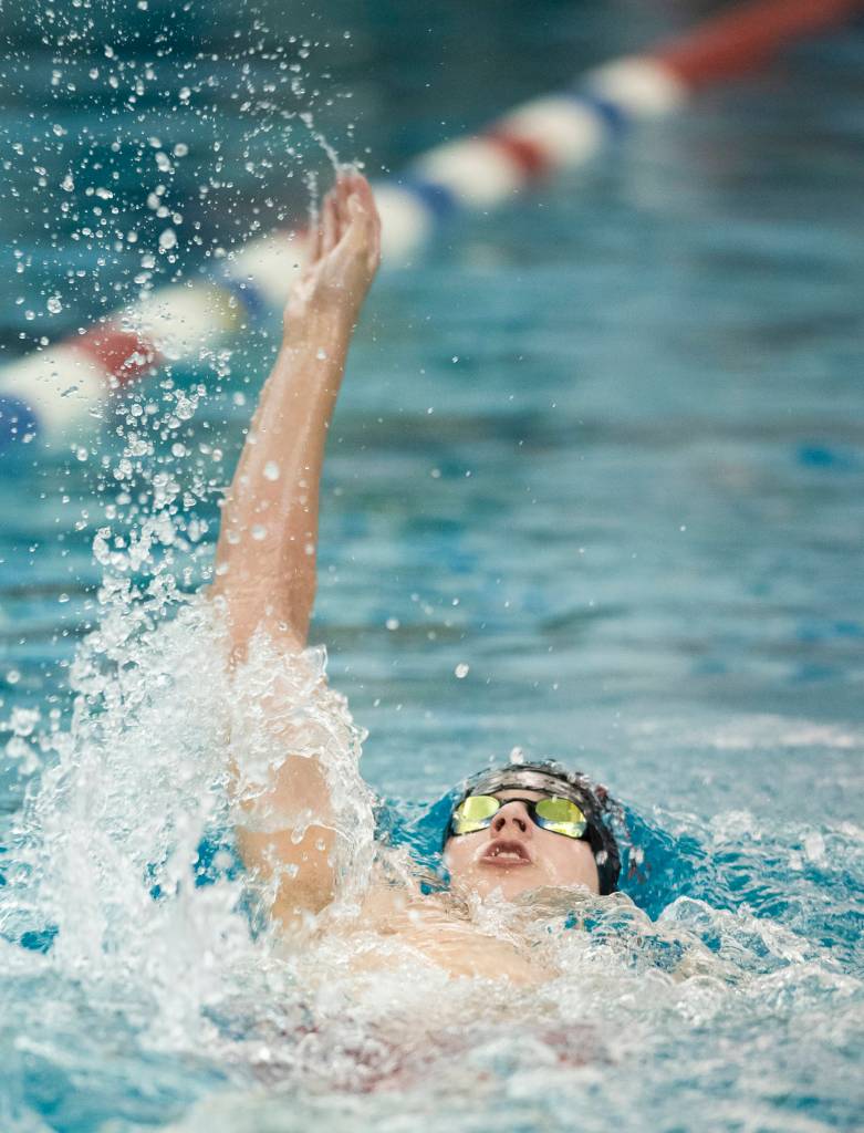 Juneau-Douglas Chaz Van Slyke competes in the 200 Yard IM at the Juneau Invitational Swim Meet at the Dimond Park Aquatic Center on Friday, Sept. 20, 2019. (Michael Penn | Juneau Empire)
