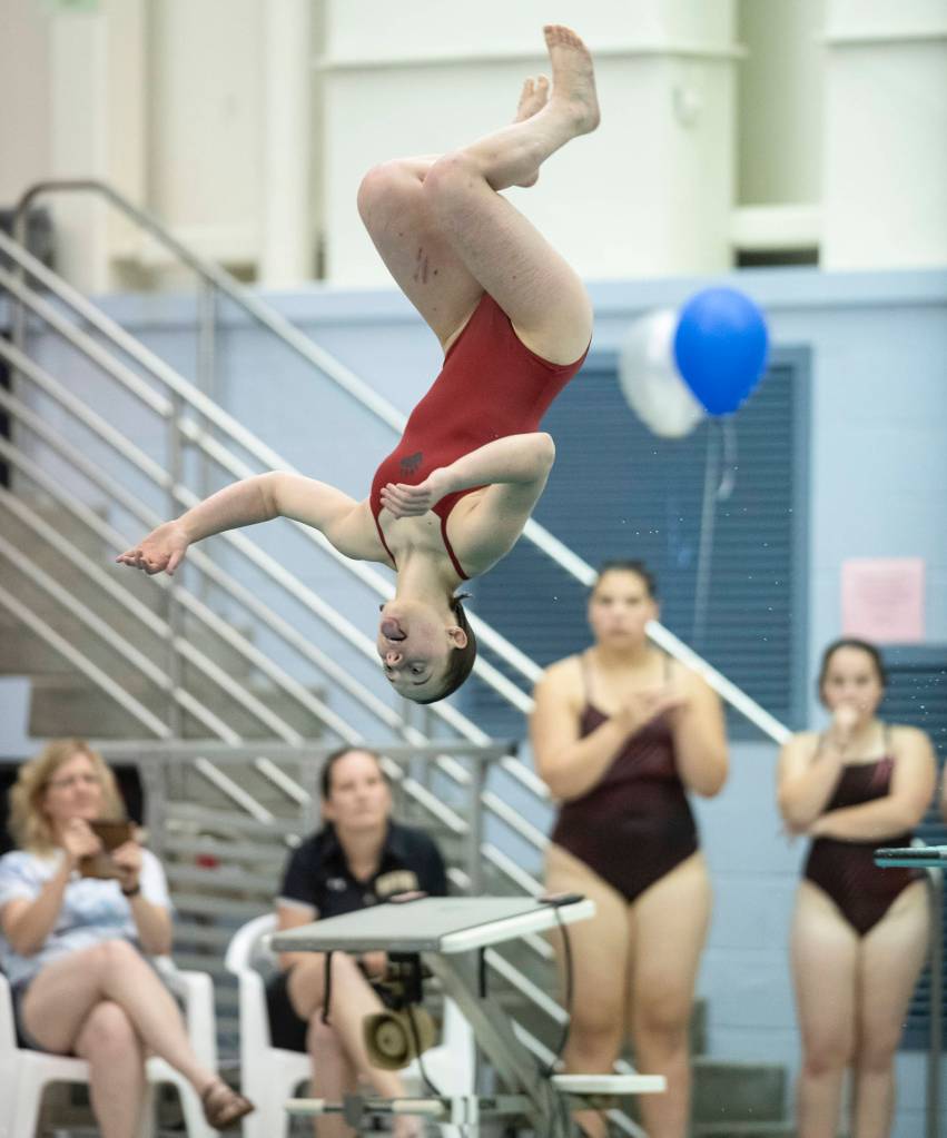 Juneau-Douglas Gabby Brown competes in the diving event at the Juneau Invitational Swim Meet at the Dimond Park Aquatic Center on Friday, Sept. 20, 2019. (Michael Penn | Juneau Empire)