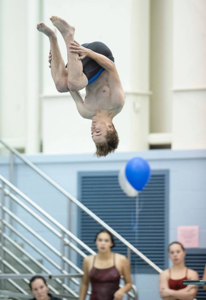 Thunder Mountains Caden Cunningham competes in the diving event at the Juneau Invitational Swim Meet at the Dimond Park Aquatic Center on Friday, Sept. 20, 2019. (Michael Penn | Juneau Empire)
