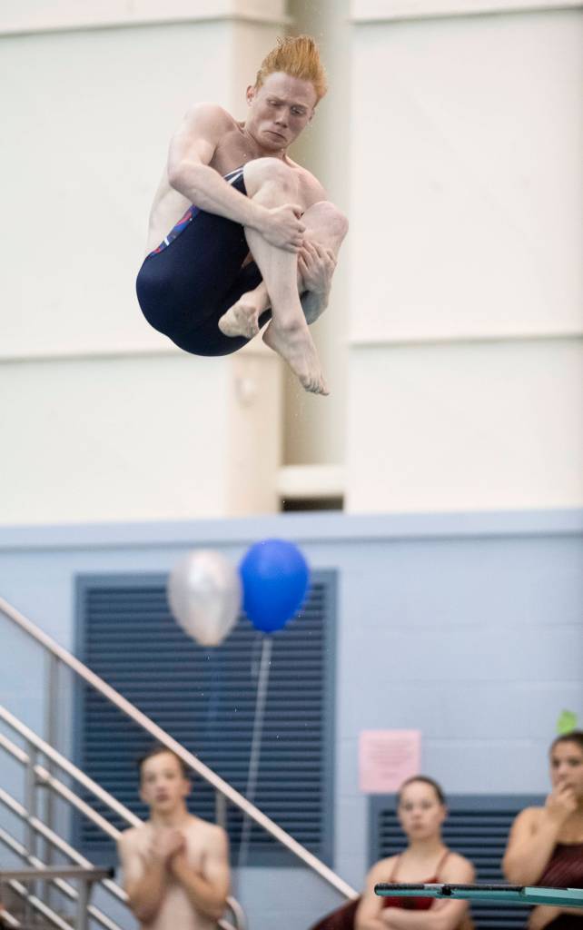 Juneau-Douglas Jackson Marx competes in the diving event at the Juneau Invitational Swim Meet at the Dimond Park Aquatic Center on Friday, Sept. 20, 2019. (Michael Penn | Juneau Empire)
