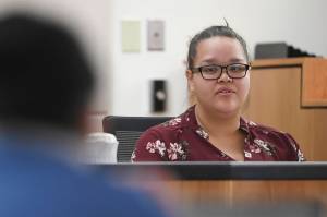 Lorissa Evenson, a former girlfriend of Laron Carlton Graham, answers questions on the witness stand from defense attorney Natasha Norris in Juneau Superior Court on Tuesday, Sept. 24, 2019, during Grahams trial. Graham is facing two counts of first-degree murder for the November 2015 shooting deaths of 36-year-old Robert H. Meireis and 34-year-old Elizabeth K. Tonsmeire. (Michael Penn | Juneau Empire)