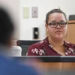 Lorissa Evenson, a former girlfriend of Laron Carlton Graham, answers questions on the witness stand from defense attorney Natasha Norris in Juneau Superior Court on Tuesday, Sept. 24, 2019, during Grahams trial. Graham is facing two counts of first-degree murder for the November 2015 shooting deaths of 36-year-old Robert H. Meireis and 34-year-old Elizabeth K. Tonsmeire. (Michael Penn | Juneau Empire)
