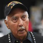 Ray Wilson, clan leader for the Kiks.ádi Clan, speaks about a replica of a sculpin clan hat before a welcoming ceremony at Elizabeth Peratrovich Hall on Wednesday, Sept. 25, 2019. The original hat was collected from the Kiks.ádi Clan in Sitka in 1884. The Smithsonian Institution used a 3D digitization process to document the hat and constructed the hat using traditional materials. (Michael Penn | Juneau Empire)