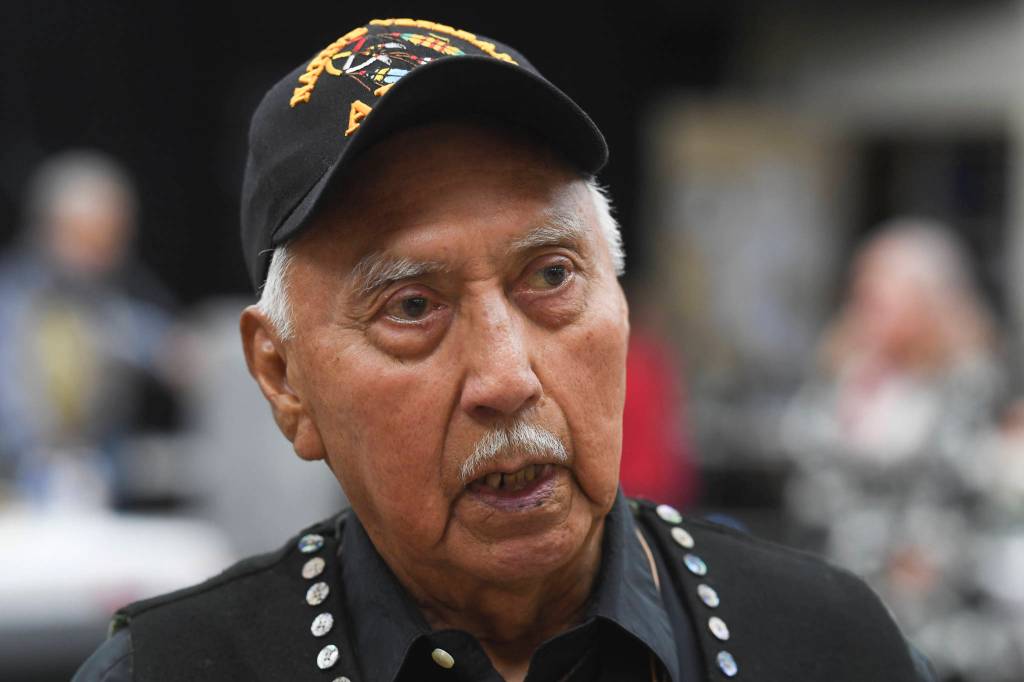 Ray Wilson, clan leader for the Kiks.ádi Clan, speaks about a replica of a sculpin clan hat before a welcoming ceremony at Elizabeth Peratrovich Hall on Wednesday, Sept. 25, 2019. The original hat was collected from the Kiks.ádi Clan in Sitka in 1884. The Smithsonian Institution used a 3D digitization process to document the hat and constructed the hat using traditional materials. (Michael Penn | Juneau Empire)