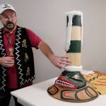 Eric Hollinger, Tribal Liaison for the Repatriation Office of the Smithsonians National Museum of Natural History, talks about a sculpin clan hat replica before a welcoming ceremony at Elizabeth Peratrovich Hall on Wednesday, Sept. 25, 2019. The original hat was collected from the Kiks.ádi Clan in Sitka in 1884. The Smithsonian Institution used a 3D digitization process to document the hat and construct the hat using traditional materials. (Michael Penn | Juneau Empire)