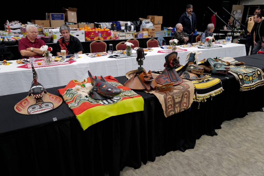 Tlingit clans display their regalia before a welcoming ceremony at Elizabeth Peratrovich Hall on Wednesday, Sept. 25, 2019. (Michael Penn | Juneau Empire)