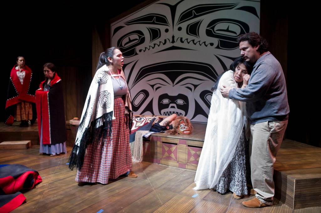 Actors Frank Katasse, right, Jane Lind, Erin Tripp, Leeta Gray and Erika Stone, left, rehearse for Perseverance Theatres production of Our Voices Will Be Heard written by Vera Starbard in this January 2016 photo. (Michael Penn | Juneau Empire File)
