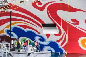 Longshoremen tie up the Norwegian Joy to the northern berth of the Juneau Cruise Ship Terminal on Monday, Sept. 30, 2019. Another Norwegian Cruise Lines ship, the Norwegian Jewel, will be the last ship of the season visiting from 10 a.m. to 10 p.m. on Wednesday, Oct. 2. Two ships are scheduled for Tuesday. (Michael Penn | Juneau Empire)
