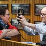 Pete Carran, of KINY, interviews City Clerk Beth McEwen before election results come in at City Hall on Tuesday, Oct. 1, 2019. (Michael Penn | Juneau Empire)