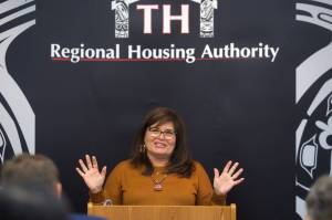 Jacqueline Pata, President & CEO of the Tlingit-Haida Regional Housing Authority, speaks at an announcement of a $1 million grant to help veterans housing needs in Southeast Alaska on Thursday, Oct. 3, 2019. (Michael Penn | Juneau Empire)