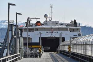 The Alaska Marine Highway Systems fast ferry Fairweather moored at its home terminal in Auke Bay in Tuesday, April 2, 2019. (Michael Penn | Juneau Empire File)
