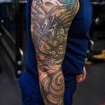 Machinery Technician 2nd Class Anthony Delorenzo, Coast Guardsman stationed at Coast Guard Station Juneau, displays his tattoos Oct. 4, 2019. (Michael S. Lockett | Juneau Empire)