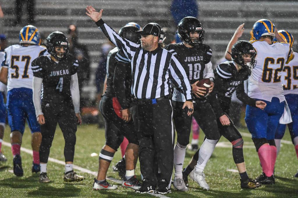 Juneaus Cooper Kriegmont comes up with a Bartlett fumble at Adair-Kennedy Memorial Field on Saturday, Oct. 5, 2019. Juneau won 67-24. (Michael Penn | Juneau Empire)