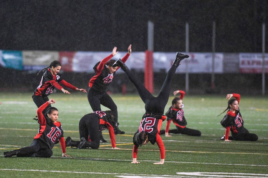Juneau-Douglas Drill Team performs during halftime at Adair-Kennedy Memorial Field on Saturday, Oct. 5, 2019. Juneau won 67-24. (Michael Penn | Juneau Empire)