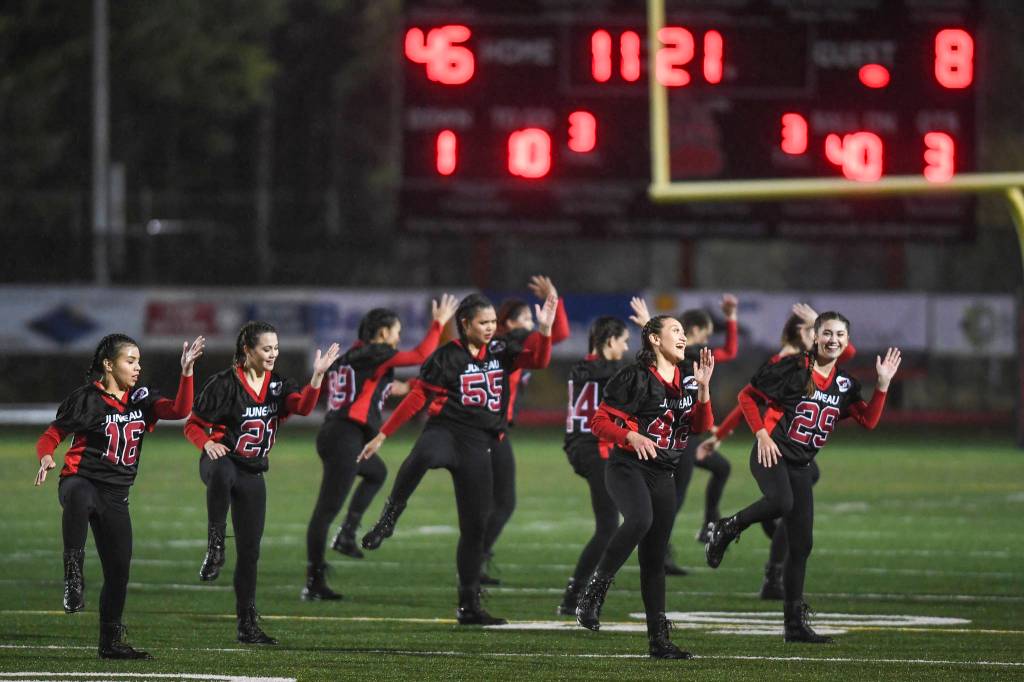 Juneau-Douglas Drill Team performs during halftime at Adair-Kennedy Memorial Field on Saturday, Oct. 5, 2019. Juneau won 67-24. (Michael Penn | Juneau Empire)
