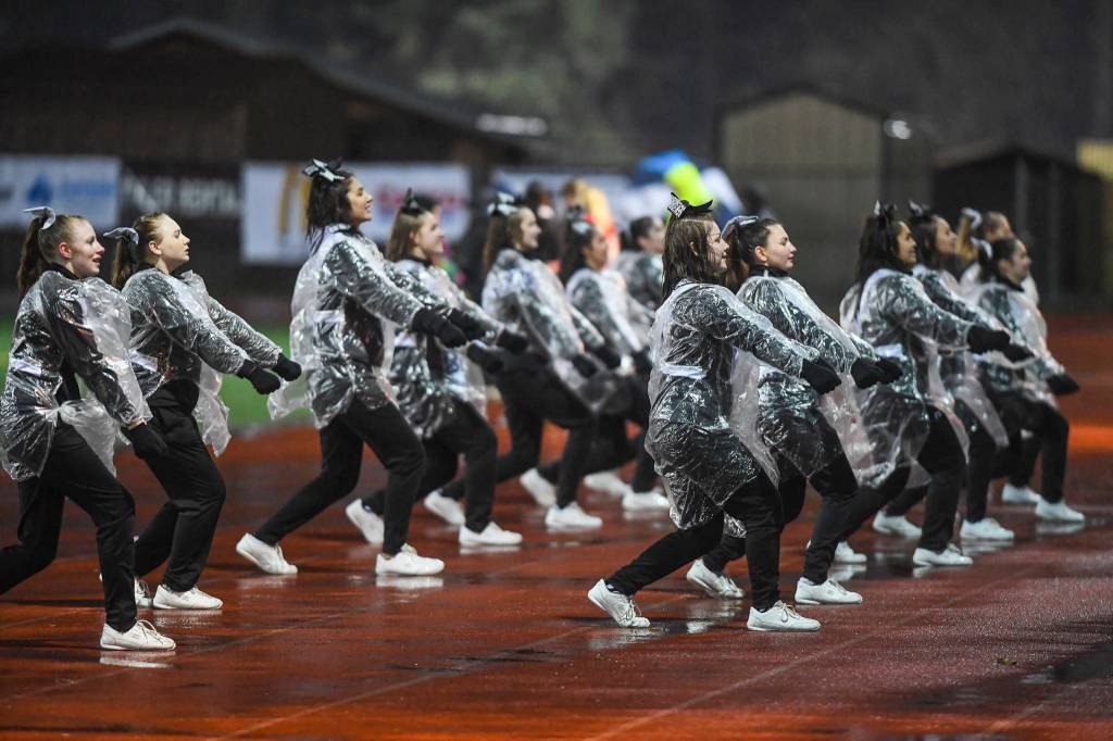 Juneau Huskies Cheer Team performs during halftime at Adair-Kennedy Memorial Field on Saturday, Oct. 5, 2019. Juneau won 67-24. (Michael Penn | Juneau Empire)
