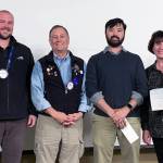 Juneau Rotary Brewfest Charity Partners are presented with checks from the Juneau Rotary Club during a Juneau Rotary meeting this month. From left, Juneau Rotary President Joe Keikkala, 2019 Brewfest Chair Denny DeWitt, Will Sangster of Juneau Rotaract, and Lynne Johnson of University of Alaska Southeast. (Courtesy photo | Ruth Kostik)