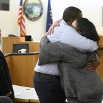 Laron Carlton Graham hugs his defense attorney Natasha Norris after a jury found him not guilty for the November 2015 shooting deaths of 36-year-old Robert H. Meireis and 34-year-old Elizabeth K. Tonsmeire in Juneau Superior Court on Tuesday, Oct. 8, 2019. (Michael Penn | Juneau Empire)