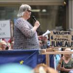 Empire file photo: Juneau Mayor Beth Weldon speaks during a rally in front of the Capitol calling for an override of Gov. Mike Dunleavys budget vetoes on the first day of the Second Special Session of the Alaska Legislature in Juneau on Monday, July 8, 2019. (Michael Penn | Juneau Empire File)