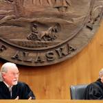 Alaska Supreme Court Justices Craig Stowers, left, and Daniel Winfree listen to arguments in a lawsuit that claims state policy on fossil fuels is harming the constitutional right of young Alaskans to a safe climate Wednesday in Anchorage. Sixteen Alaska youths in 2017 sued the state, claiming that human-caused greenhouse gas emission leading to climate change is creating long-term, dangerous health effects. They lost in Superior Court, but appealed to Alaskas highest court. (AP Photo | Mark Thiessen)