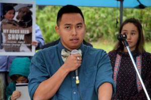 Esau Sinnok of Shishmaref speaks at a news conference after the Alaska Supreme Court heard arguments Wednesday in Anchorage in a lawsuit that claims state policy on fossil fuels is harming the constitutional right of young Alaskans to a safe climate. Sinnok and 15 other Alaska youths in 2017 sued the state, claiming that human-caused greenhouse gas emission leading to climate change is creating long-term, dangerous health effects. They lost in Superior Court, but appealed to Alaskas highest court. (AP Photo | Mark Thiessen)