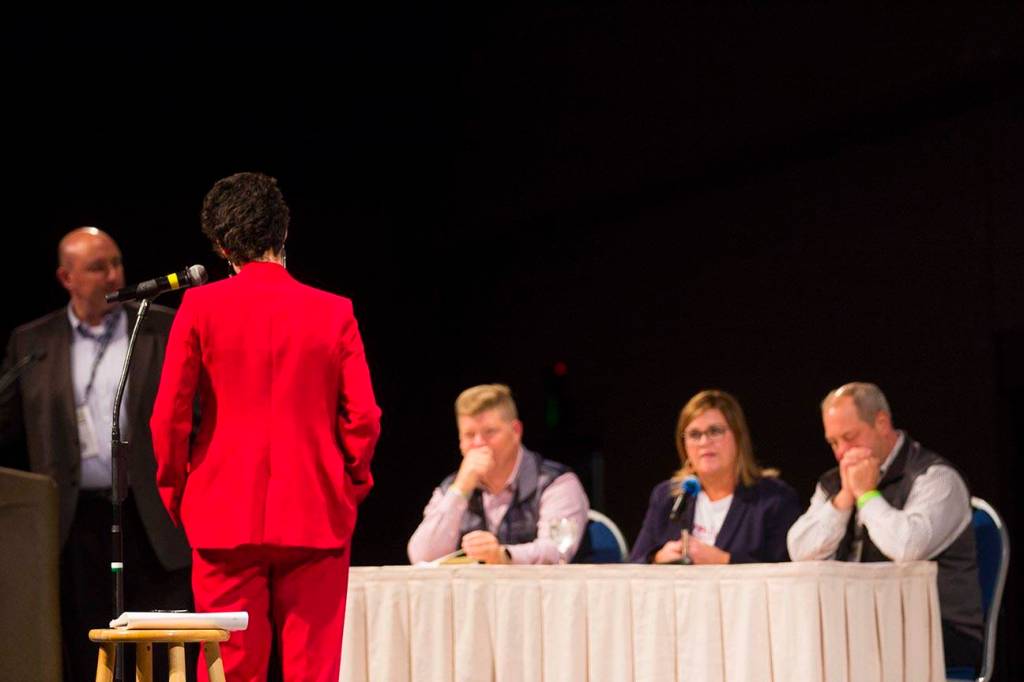 KellyAnn Cavaretta waits as the judges deliberate over her investment pitch during the Alaska Tourism Industry Associations version of Shark Tank during their annual conference, held this year at Centennial Center, Oct. 9, 2019. (Michael S. Lockett | Juneau Empire)