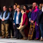 Judges and competitors pose for a photo after participating in the Alaska Tourism Industry Associations version of Shark Tank during their annual conference, held this year at Centennial Center, Oct. 9, 2019. (Michael S. Lockett | Juneau Empire)