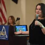 Meilani Schijvens, owner and Director of Rain Coast Data, gives her Southeast by the Numbers report to the Juneau Chamber of Commerce during its weekly luncheon at the Moose Lodge on Thursday, Oct. 10, 2019. (Michael Penn | Juneau Empire)
