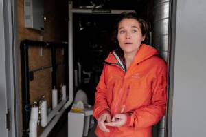 Keri Williamson, an engineer for the citys Engineering and Public Works Department, talks about the damage at the Mayor Bill Overstreet Park utilities building on Friday, Oct. 11, 2019. City waste water pumps were overwhelmed during last weekends storm and caused a backup of sewage into parks building that housing the pumps and controls for the whale statue. (Michael Penn | Juneau Empire)