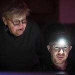 Playwright Maureen Longworth, left, and director Roblin Gray Davis work on the production of Blue Ticket at McPhetres Hall on Tuesday, Oct. 15, 2019. (Michael Penn | Juneau Empire)