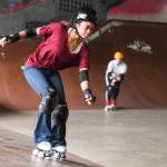 Jennifer Gross, left, and Shabadrang Khalsa, who skate with the Juneau Rollergirls, get their daily skate in at the Pipeline Skate Park on Friday, Oct. 11, 2019. The two are skating every day as part of a challenge to every day for a year. (Michael Penn | Juneau Empire)