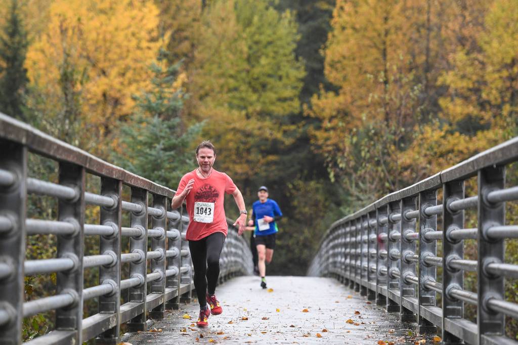Juneau residents participate in the annual community mental health run, the Extra Tough 5K & 1 Mile Run, on Saturday, Oct. 12, 2019, starting at Riverbend Elementary School. The run is sponsored by National Alliance on Mental Illness (NAMI) Juneau. (Michael Penn | Juneau Empire)