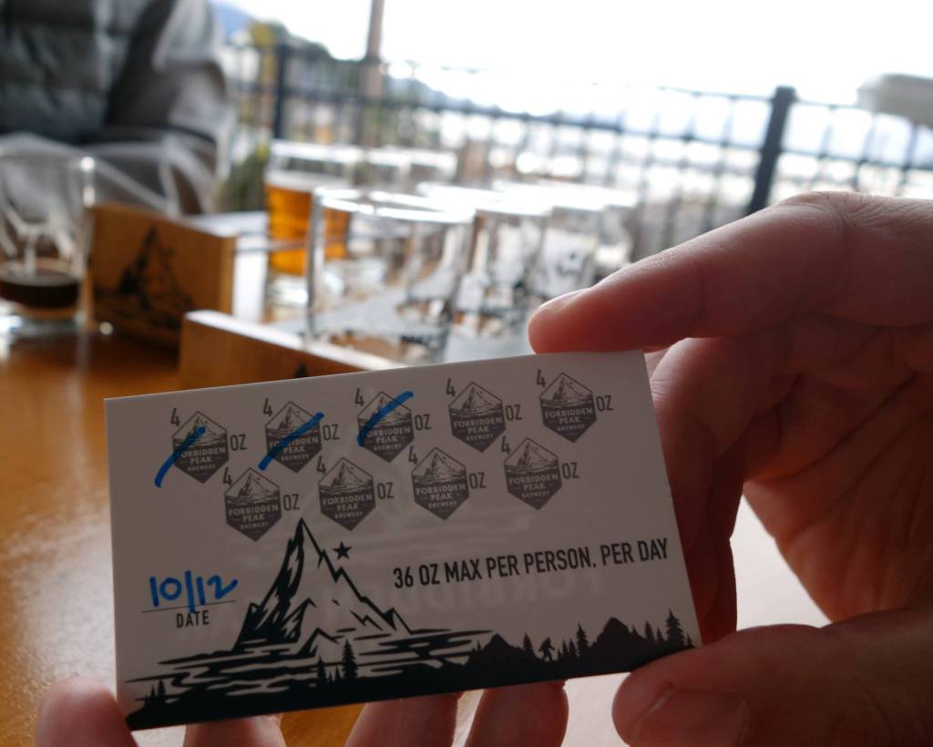 John Loverink shows the card Forbidden Peak Brewery uses to track customers consumption, during the brewerys grand opening, Saturday, Oct. 12, 2019. State law limits breweries to selling 36 ounces of beer per person per day in tasting rooms. (Ben Hohenstatt | Juneau Empire)