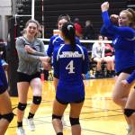 Thunder Mountain High School celebrates a point against Klawock at the JIVE (Juneau Invitational Volleyball Extravaganza) Tournament at Juneau-Douglas High School: Yadaat.at Kalé on Friday, Oct. 11, 2019. (Nolin Ainsworth | Juneau Empire)